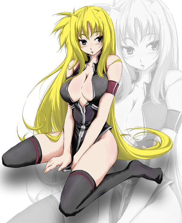 hanafusa itsuki, fate testarossa, fate testarossa (true sonic form), lyrical nanoha, mahou shoujo lyrical nanoha, mahou shoujo lyrical nanoha strikers, 00s, 1girl, blonde hair, breasts, cleavage, female focus, large breasts, long hair, solo, thighhighs, very long hair