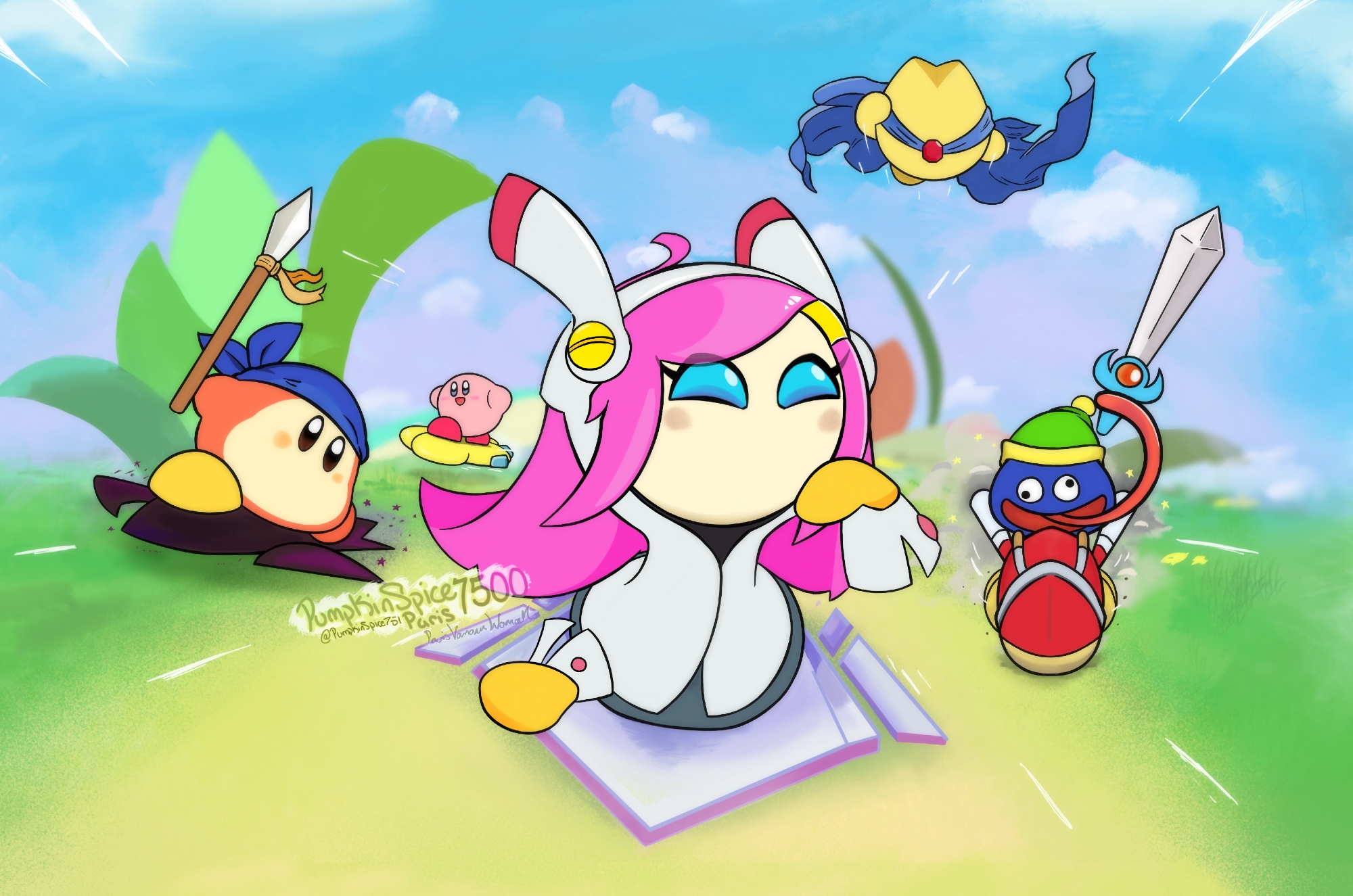 pumpkinspice7500, bandana waddle dee, gooey (kirby), kirby, starman (kirby), susie (kirby), wheelie (kirby), kirby (series), kirby air ride, kirby air riders, nintendo, highres, blue eyes, copy ability, holding, holding polearm, holding weapon, nintendo switch 2, pink hair, polearm, shadow star, spear, sword, warp star, weapon