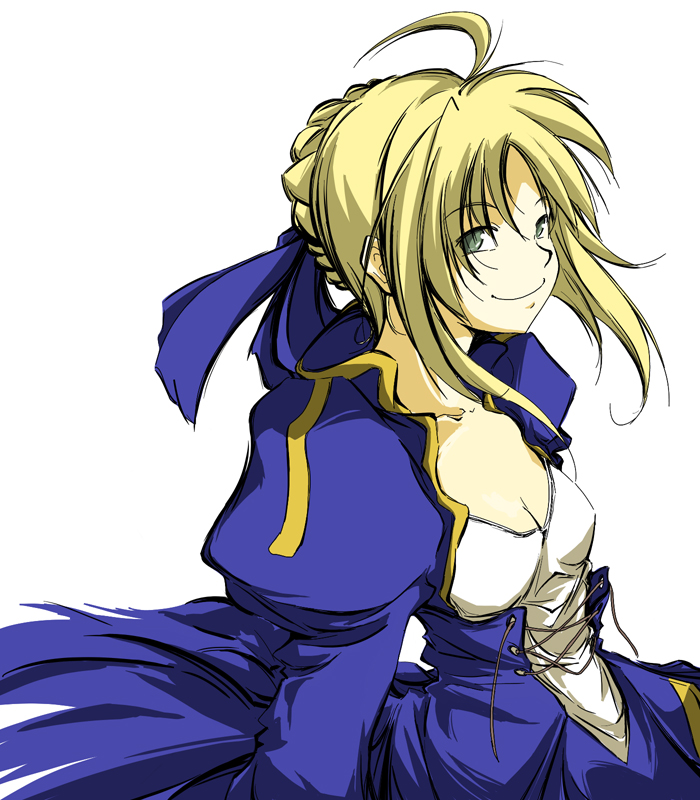 hanafusa itsuki, artoria pendragon (fate), saber (fate), fate/stay night, fate (series), 00s, ahoge, green eyes, hair ribbon, happy, ribbon, smile