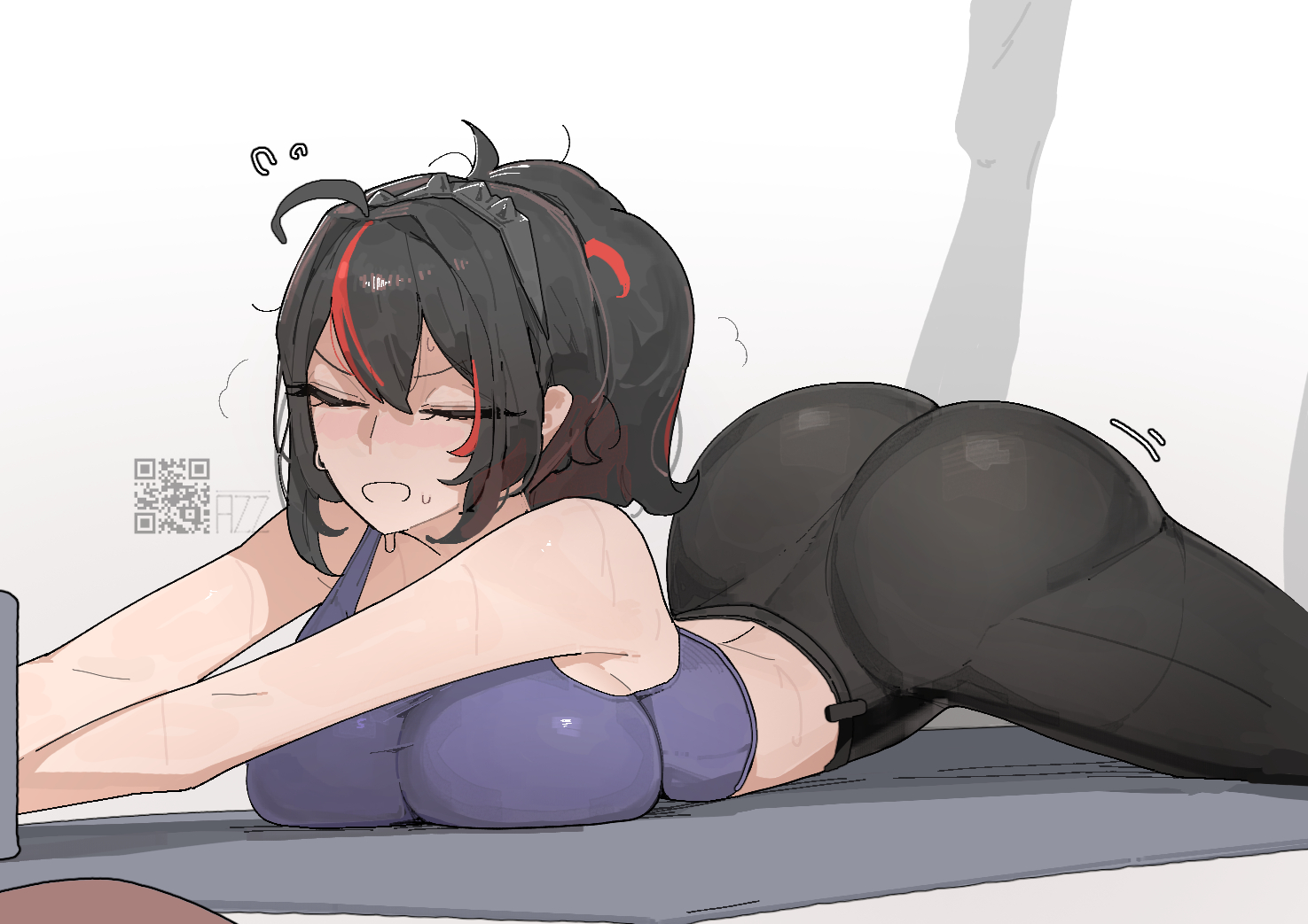 azz0422, zhu yuan, zenless zone zero, commentary request, 1girl, ass, black hair, blue sports bra, breast press, breasts, closed eyes, large breasts, lying, multicolored hair, on stomach, open mouth, pants, solo, sports bra, streaked hair, sweat, v-shaped eyebrows, yoga pants