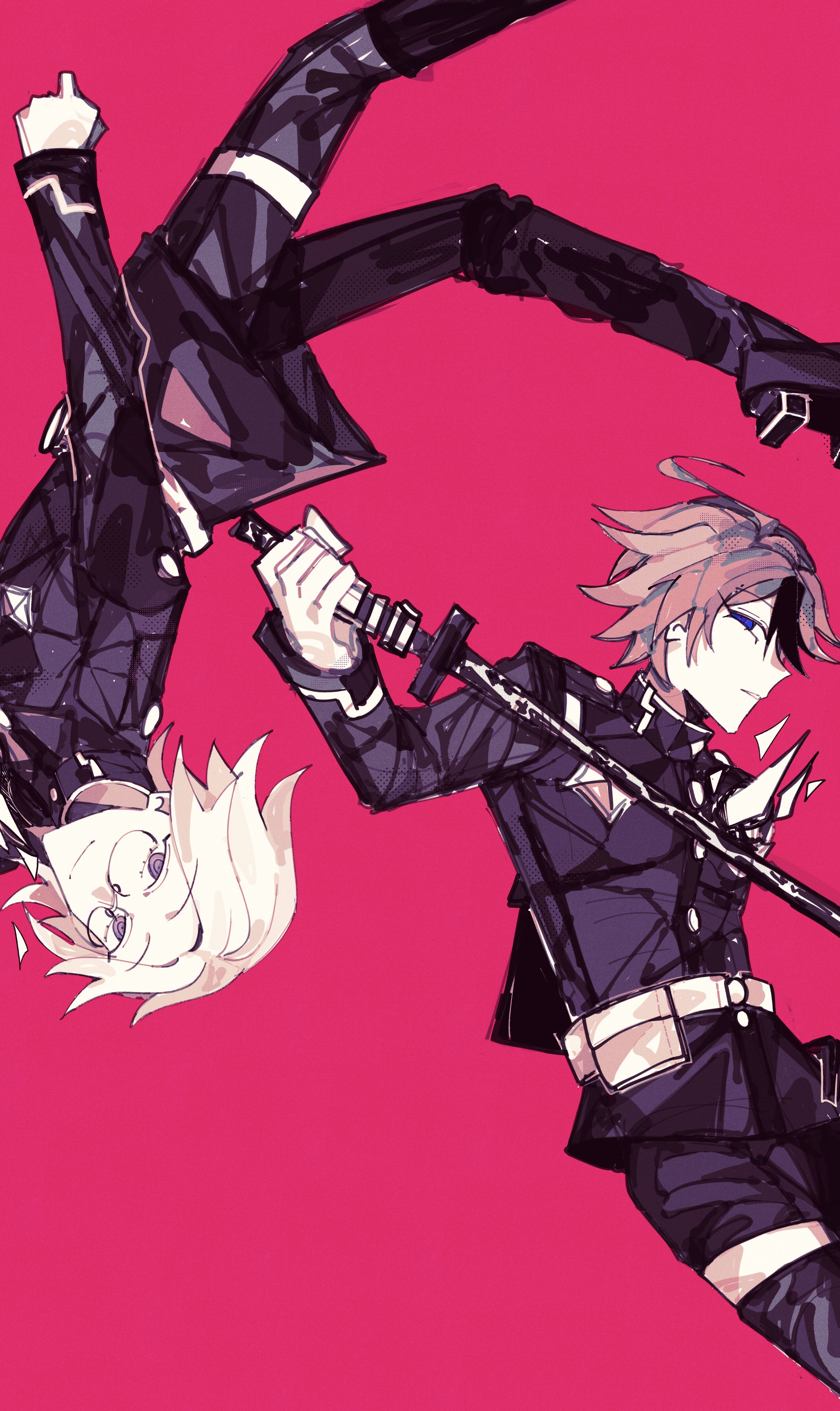 aotsuki eito, sumino takumi, the hundred line -last defense academy-, absurdres, highres, 2boys, back-to-back, black streaks, blue eyes, glasses, half-closed eyes, hole in chest, hole on body, last defense academy school uniform, multicolored hair, multiple boys, muted color, purple eyes, red background, red hair, school uniform, simple background, smile, streaked hair, sword, takueitaku, weapon, white hair