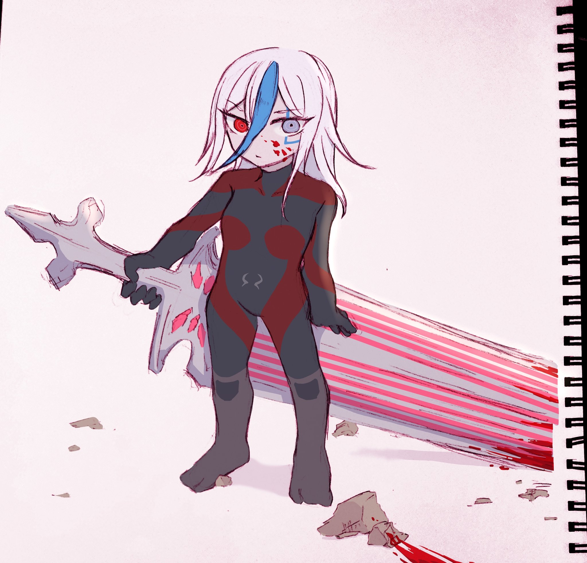 201 (yield), v'ehxness, the hundred line -last defense academy-, highres, 1girl, aged down, armor, blood, blood on face, bloody weapon, bodysuit, facial mark, grin, heterochromia, holding, holding sword, holding weapon, long hair, purple eyes, red background, red eyes, shoulder armor, smile, solo, sword, upper body, weapon, white hair