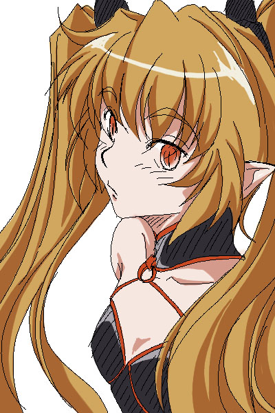 hanafusa itsuki, pachira, renkin san-kyuu magical pokaan, 1girl, blonde hair, blush, breasts, cleavage, collar, collarbone, female focus, halterneck, long hair, looking at viewer, oekaki, orange eyes, pointy ears, simple background, small breasts, solo, twintails, upper body, very long hair, white background