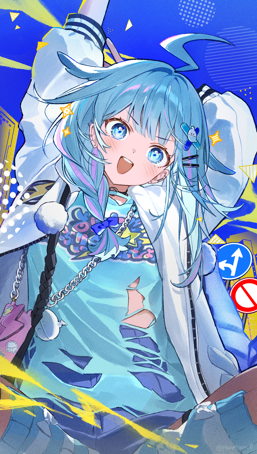 planetzer 0, mizumiya su, hololive, hololive dev is, commentary request, highres, revision, :d, arm behind head, arms up, black choker, blue bow, blue eyes, blue hair, blue shirt, blue shorts, blue socks, blunt bangs, bow, braid, choker, earclip, hair bow, hair flaps, hair ornament, hairclip, head tilt, high-waist shorts, indian style, jacket, lightning ahoge, long hair, looking at viewer, loose socks, low twin braids, multicolored hair, o-ring, o-ring choker, open mouth, outstretched arm, pink hair, pom pom (clothes), shirt, short shorts, shorts, sitting, smile, socks, spiked ear piercing, streaked hair, striped clothes, striped socks, teeth, torn clothes, torn shirt, twin braids, upper teeth only, virtual youtuber, white jacket, x hair ornament