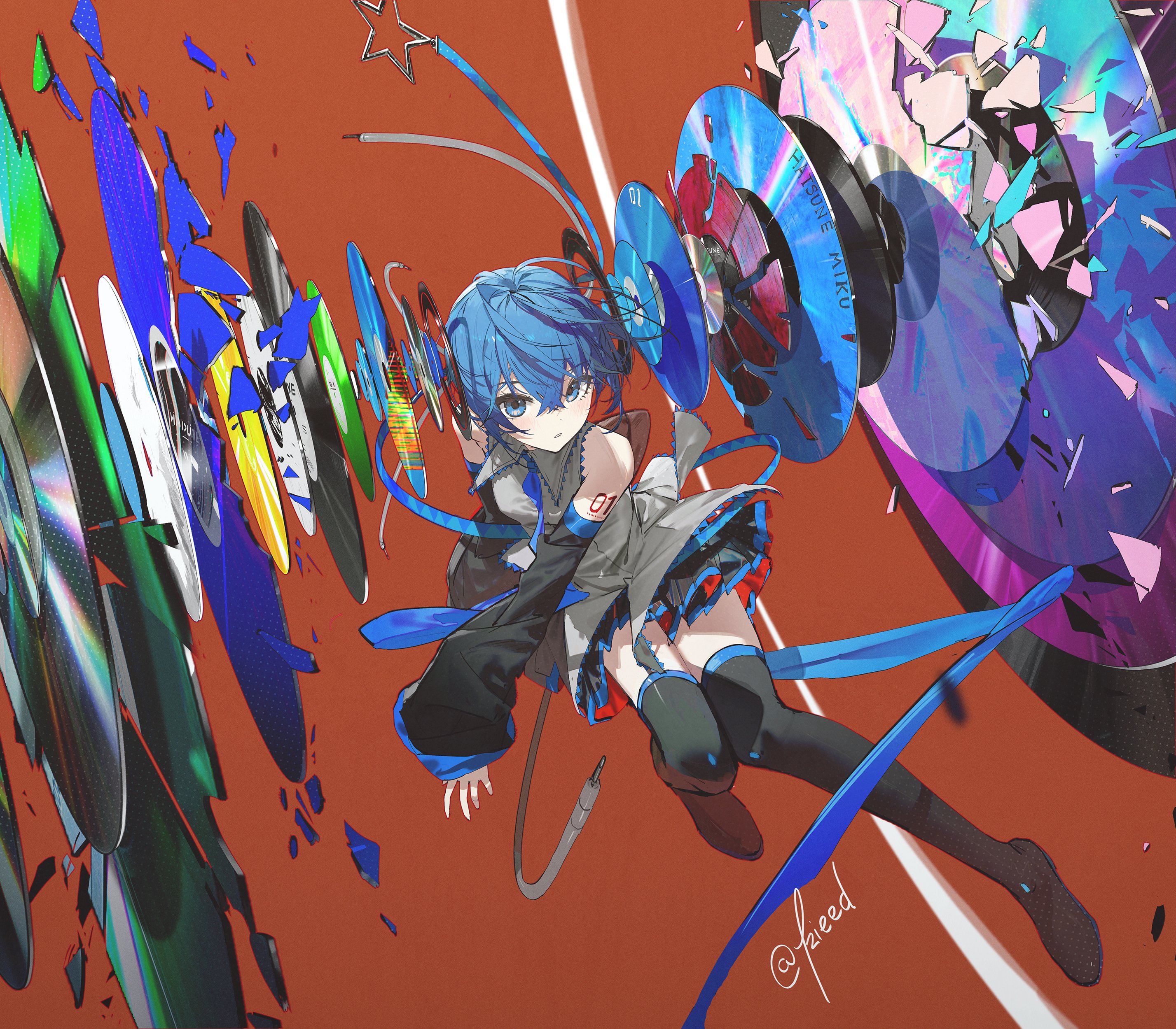kieed, hatsune miku, vocaloid, absurdres, highres, 1girl, artist name, bare shoulders, black skirt, black sleeves, black thighhighs, blue eyes, blue hair, blue necktie, blue trim, boots, cd, collared shirt, detached sleeves, full body, grey shirt, hair between eyes, hair ornament, long hair, long sleeves, looking at viewer, necktie, number tattoo, pleated skirt, red background, shirt, signature, skirt, sleeveless, sleeveless shirt, solo, tattoo, thigh boots, thighhighs, twintails, twitter username
