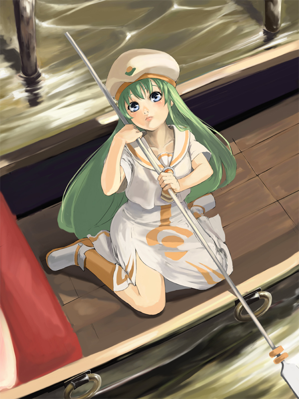 kuroko (piii), alice carroll, aria (manga), uniform, bad id, bad pixiv id, 00s, 1girl, blue eyes, female focus, gondola, green hair, hat, oar, piii, river, sitting, solo