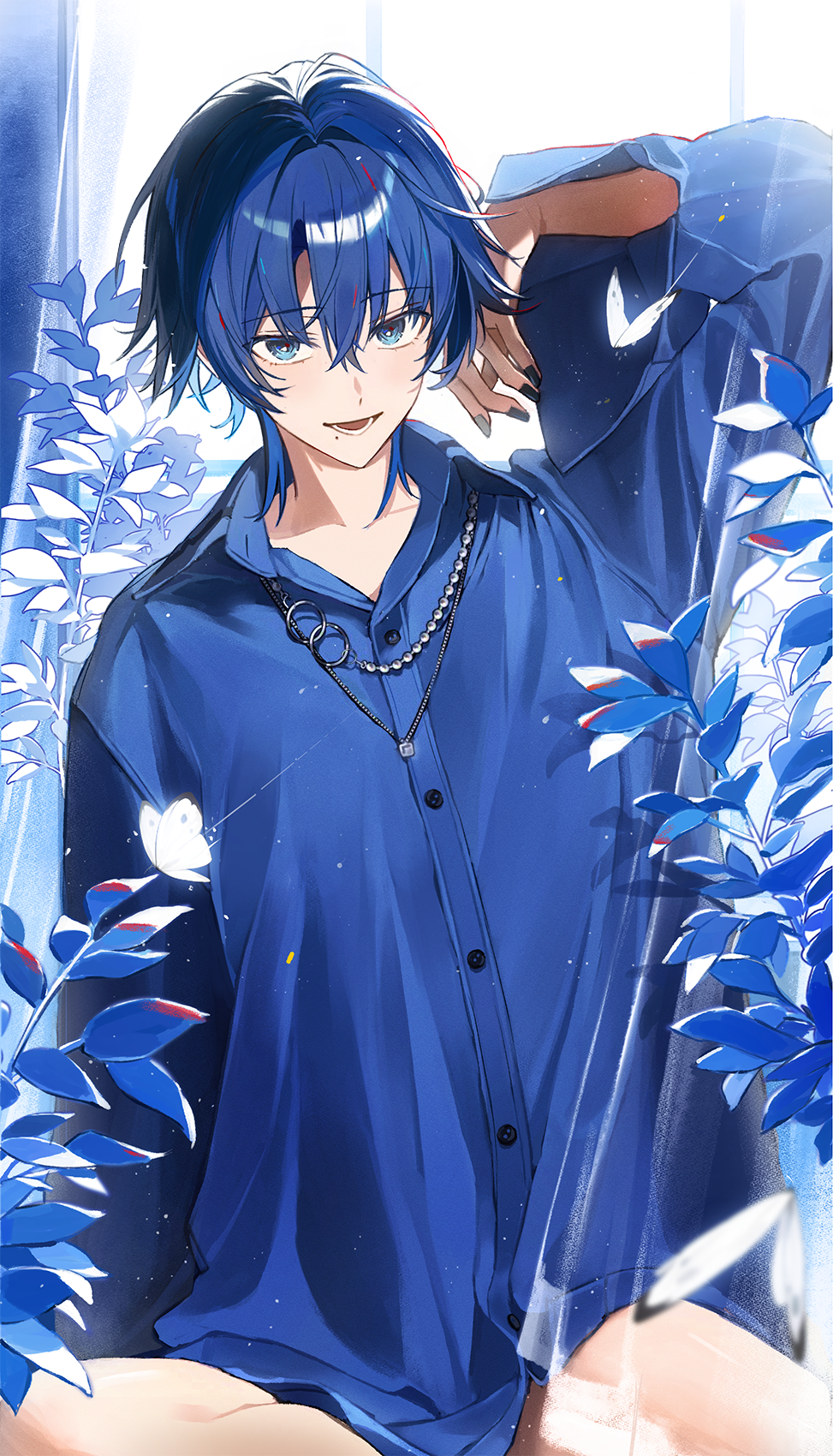 planetzer 0, hiodoshi ao, hiodoshi ao (1st costume), hololive, hololive dev is, hashtag-only commentary, highres, 1girl, androgynous, arm up, black nails, blue eyes, blue hair, blue shirt, closed mouth, hair between eyes, jewelry, long sleeves, looking at viewer, mole, mole under mouth, necklace, no pants, oversized clothes, oversized shirt, reverse trap, shirt, short hair, sitting, solo, virtual youtuber