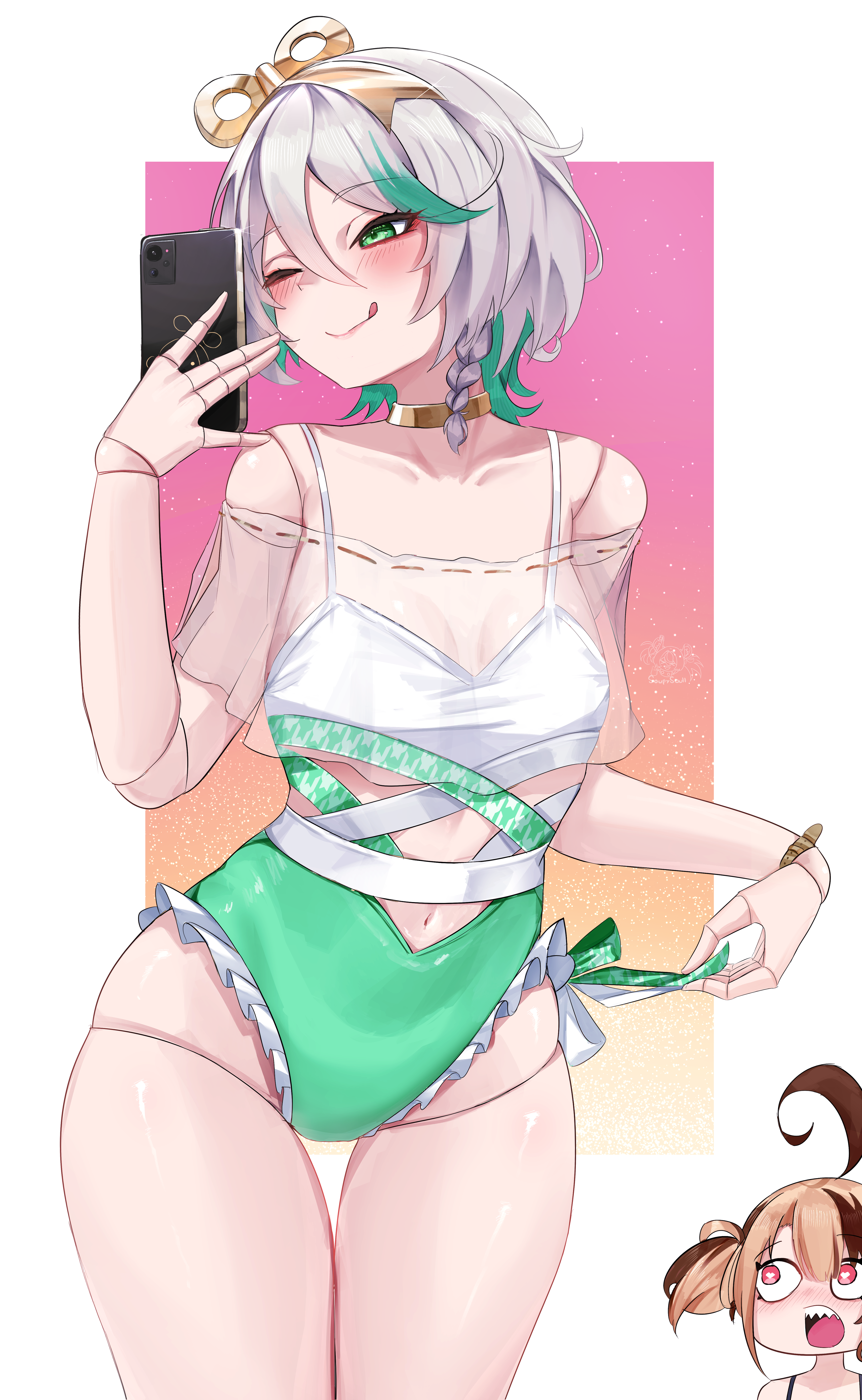 soup (soupysoull), cecilia immergreen, cecilia immergreen (holonatsu paradise), gigi murin, gigi murin (holonatsu paradise), hololive, hololive english, holonatsu paradise, absurdres, highres, ;d, ahoge, blush, brown hair, cellphone, colored inner hair, doll joints, frilled one-piece swimsuit, frills, green eyes, green hair, green one-piece swimsuit, grey hair, joints, multicolored hair, multiple girls, navel, official alternate costume, one-piece swimsuit, one eye closed, open mouth, phone, pink eyes, shiny skin, short hair, smartphone, smile, standing, streaked hair, swimsuit, twintails, two-tone hair, virtual youtuber, winding key