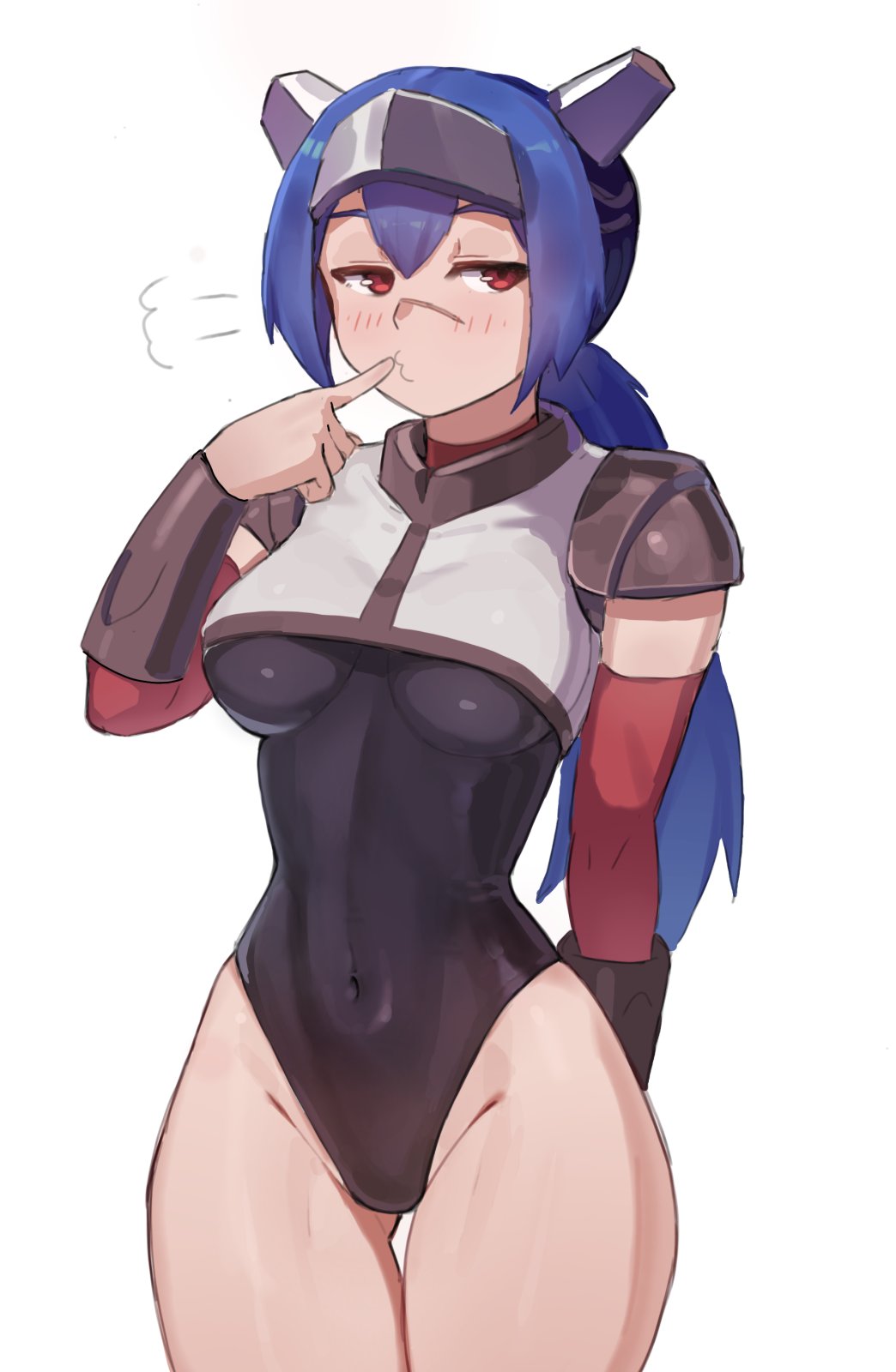 wersman, lea (crosscode), crosscode, highres, 1girl, arm warmers, armor, black leotard, blue hair, blush, breasts, closed mouth, covered navel, cowboy shot, detached sleeves, finger to mouth, gluteal fold, groin, hair between eyes, half-closed eyes, headgear, highleg, highleg leotard, impossible clothes, large breasts, leotard, long hair, ponytail, puckered lips, puff of air, red eyes, red sleeves, scar, scar on face, shoulder armor, sidelocks, simple background, skindentation, solo, standing, white background