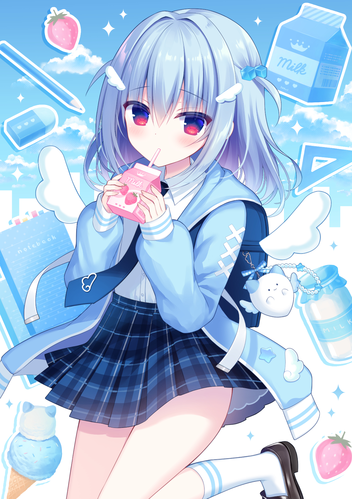 hasune, haconect, commentary request, highres, 1girl, amami kurine, blue bow, blue eyes, blue hair, blue jacket, bow, collared shirt, drinking straw, eraser, food, fruit, gradient eyes, hair between eyes, hair bow, hair ornament, ice cream cone, jacket, long sleeves, medium hair, milk carton, multicolored eyes, necktie, open clothes, open jacket, pencil, red eyes, school uniform, shirt, shoes, skirt, socks, solo, strawberry, virtual youtuber, white shirt, white socks, white wings, wings