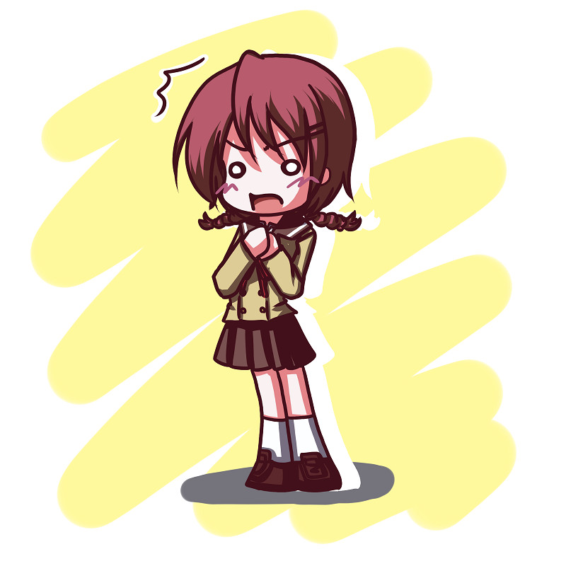 fictional sister, asai mugi, hitohira, 00s, 1girl, ^^^, blush, braid, brown hair, chibi, empty eyes, female focus, full body, hair ornament, hairclip, hands on own chest, kneehighs, legs together, long sleeves, looking at viewer, o o, own hands together, school uniform, shoes, simple background, skirt, socks, solo, standing, surprised, twin braids, white socks, yellow background