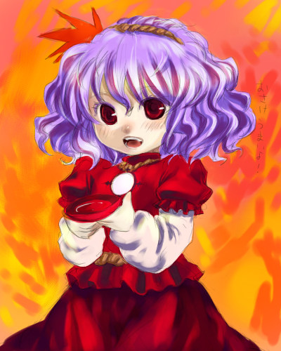 ono mochiko, yasaka kanako, touhou, lowres, 1girl, breasts, brooch, female focus, gem, hair ornament, jewelry, layered sleeves, leaf hair ornament, long sleeves, looking back, puffy short sleeves, puffy sleeves, purple hair, red eyes, short hair, short over long sleeves, short sleeves, small breasts, solo, wavy hair