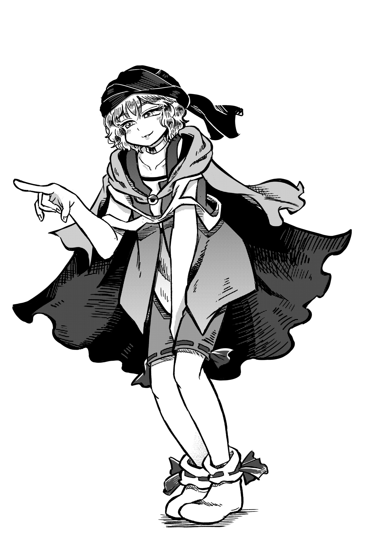 chikafumikou, cine hamal, kuzu suzumi, len'en, commentary request, highres, 1other, bare shoulders, brooch, cape, choker, collarbone, eye brooch, full body, greyscale, hair between eyes, hand on lap, jewelry, lips, looking ahead, monochrome, parted lips, pointing, pointing forward, ribbon-trimmed shorts, ribbon-trimmed socks, ribbon legwear, ribbon trim, scarf, shadow, shirt, short hair, shorts, simple background, sleeveless, sleeveless jacket, sleeveless shirt, smile, socks, solo, squatting, white background