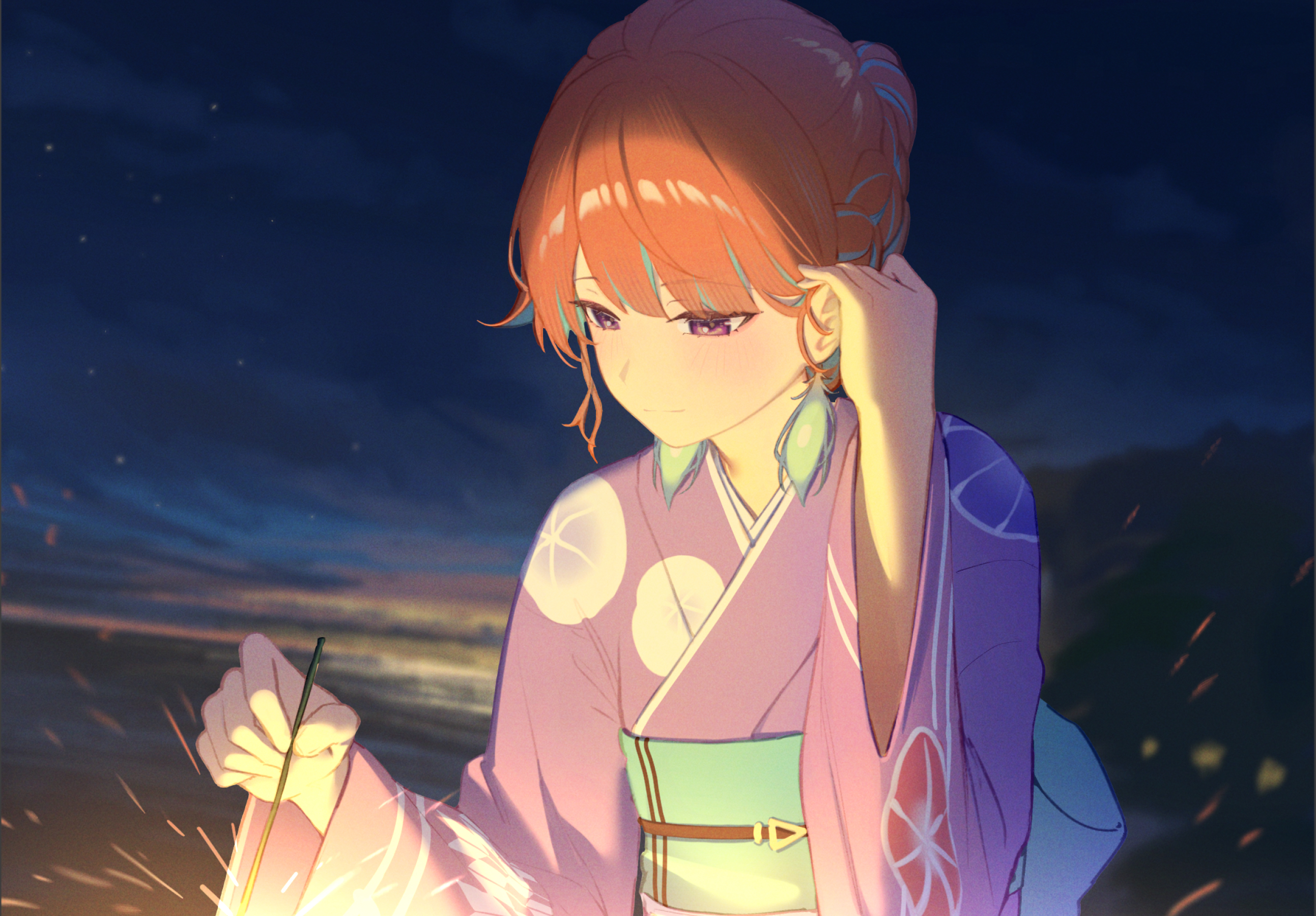 resu desu, takanashi kiara, hololive, hololive english, commentary, highres, symbol-only commentary, 1girl, alternate costume, alternate hairstyle, braid, closed mouth, feathers, floral print, floral print kimono, green feathers, green hair, hand up, holding, holding fireworks, japanese clothes, kimono, long hair, obi, orange hair, outdoors, print kimono, purple eyes, purple kimono, sash, short hair, solo, upper body, virtual youtuber, yukata