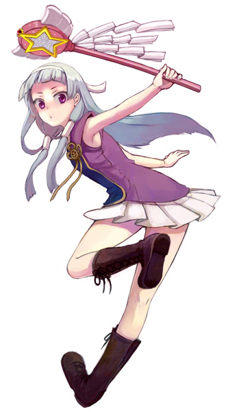 yonko, nagi, kannagi, 00s, blue hair, blunt bangs, hair tubes, hairband, pleated skirt, purple eyes, skirt, solo, wand, white skirt