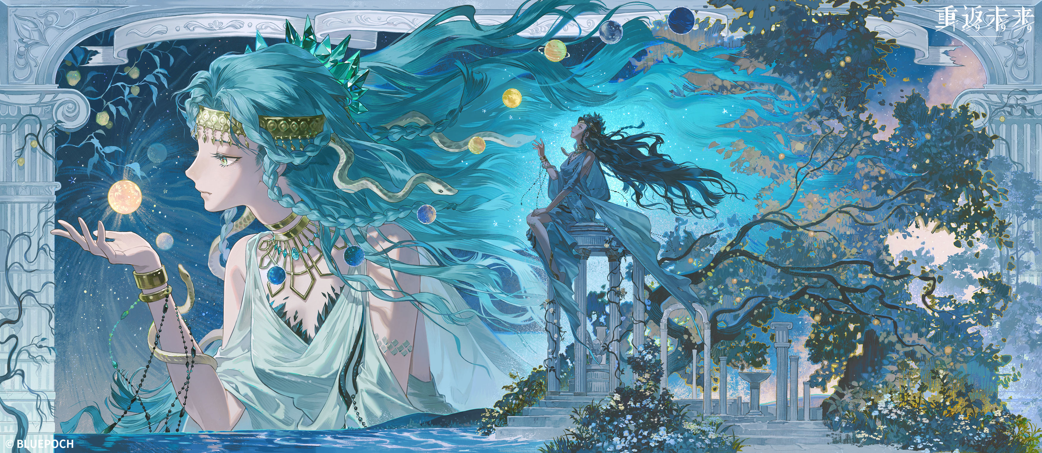 reverse:1999, absurdres, highres, official art, 1girl, architecture, bare shoulders, blue background, blue hair, bracelet, bush, clothing cutout, column, copyright name, dress, floating hair, full body, gem, gem hair ornament, gold choker, gold hairband, greco-roman architecture, green eyes, green gemstone, hairband, hand up, hissabeth, jewelry, logo, long hair, looking at object, looking up, multiple girls, official alternate costume, pillar, planet, profile, red pupils, shoulder cutout, sitting, snake, snake on head, tree, upper body, very long hair, wavy hair, white dress