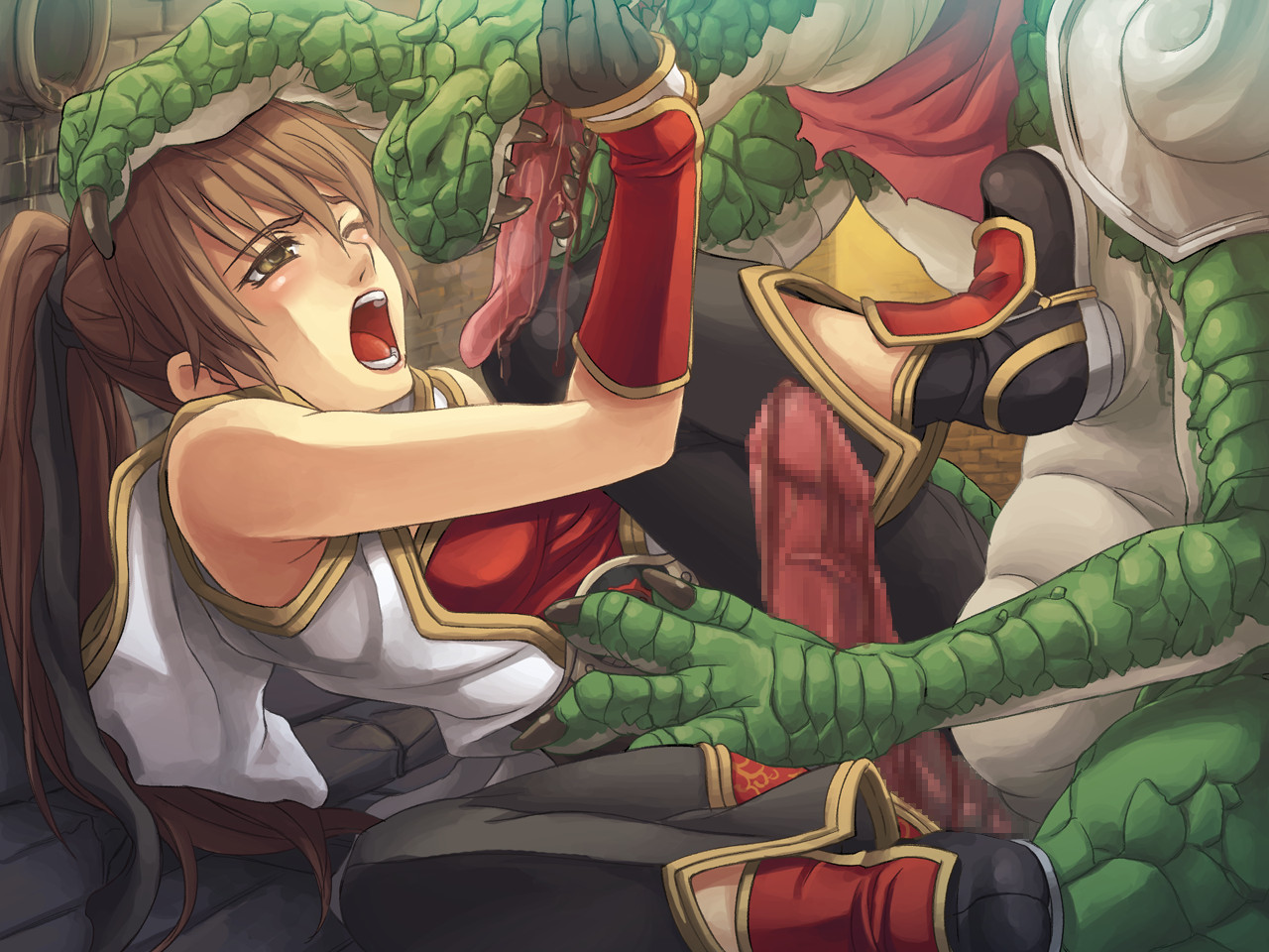 moonshell, dark matrix, ragnarok online, armor, boots, brown eyes, brown hair, censored, grinding, lizard, monster, penis, ponytail, you gonna get raped