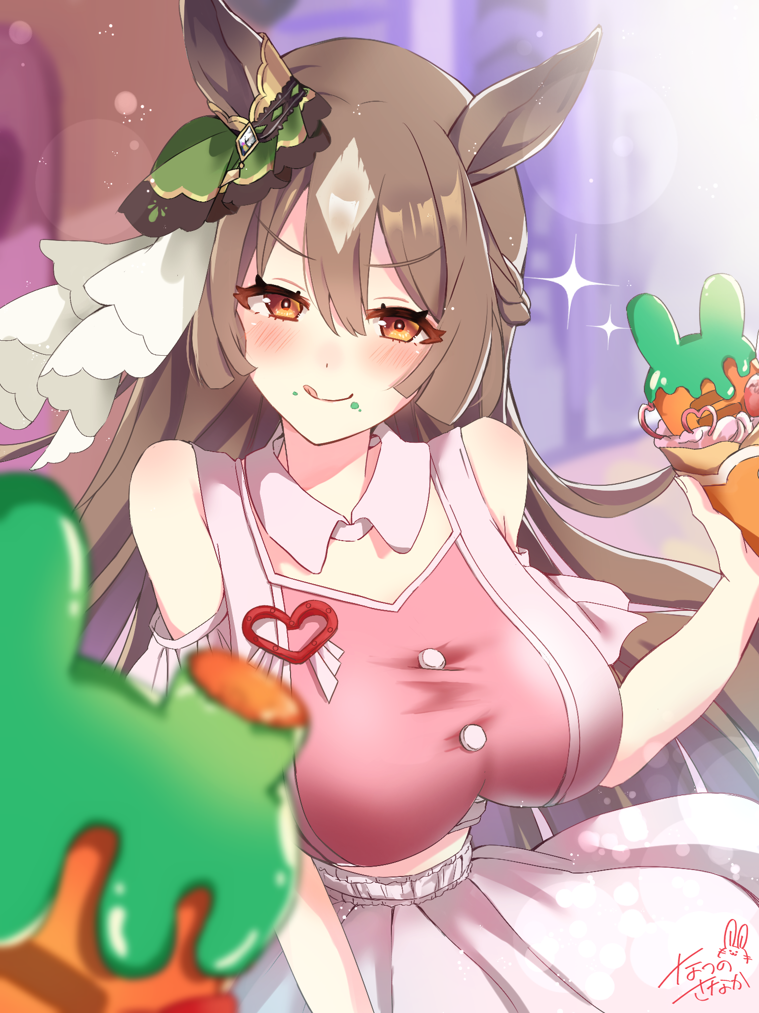 7290snk, satono diamond (umamusume), umamusume, commentary request, highres, 1girl, animal ears, bare shoulders, blush, breasts, brown hair, closed mouth, clothing cutout, crepe, detached collar, food, food on face, from side, green ribbon, hair between eyes, hair ribbon, holding, holding crepe, holding food, horse ears, horse girl, huge breasts, licking lips, long sleeves, orange eyes, pink shirt, pink skirt, ribbon, shirt, shoulder cutout, skirt, smile, solo, tongue, tongue out, white ribbon
