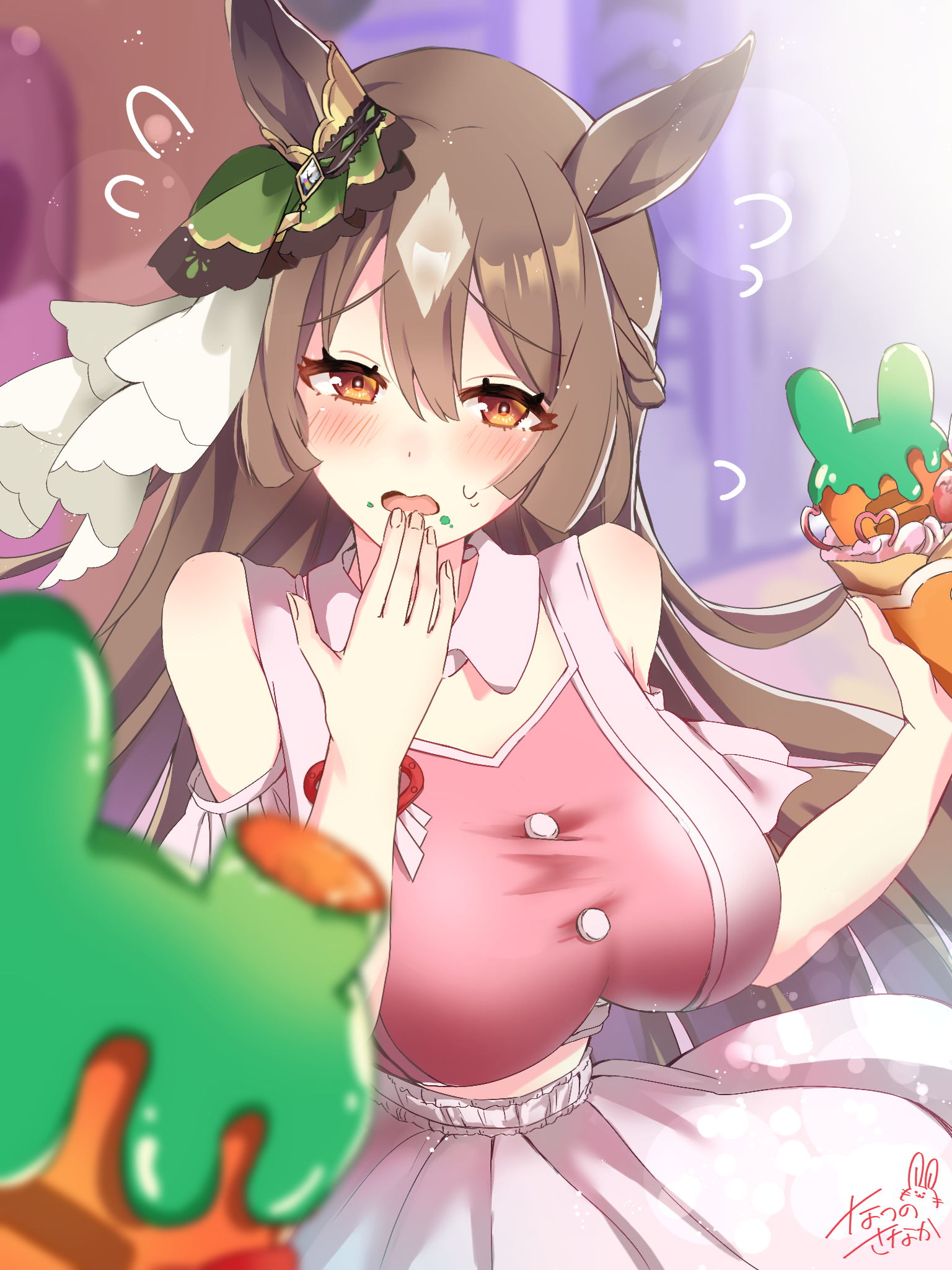 7290snk, satono diamond (umamusume), umamusume, commentary request, highres, 1girl, animal ears, bare shoulders, blush, breasts, brown hair, clothing cutout, covering own mouth, detached collar, food, food on face, from side, green ribbon, hair between eyes, hair ribbon, horse ears, horse girl, huge breasts, long sleeves, open mouth, orange eyes, pink shirt, pink skirt, ribbon, shirt, shoulder cutout, skirt, solo, sweatdrop, white ribbon