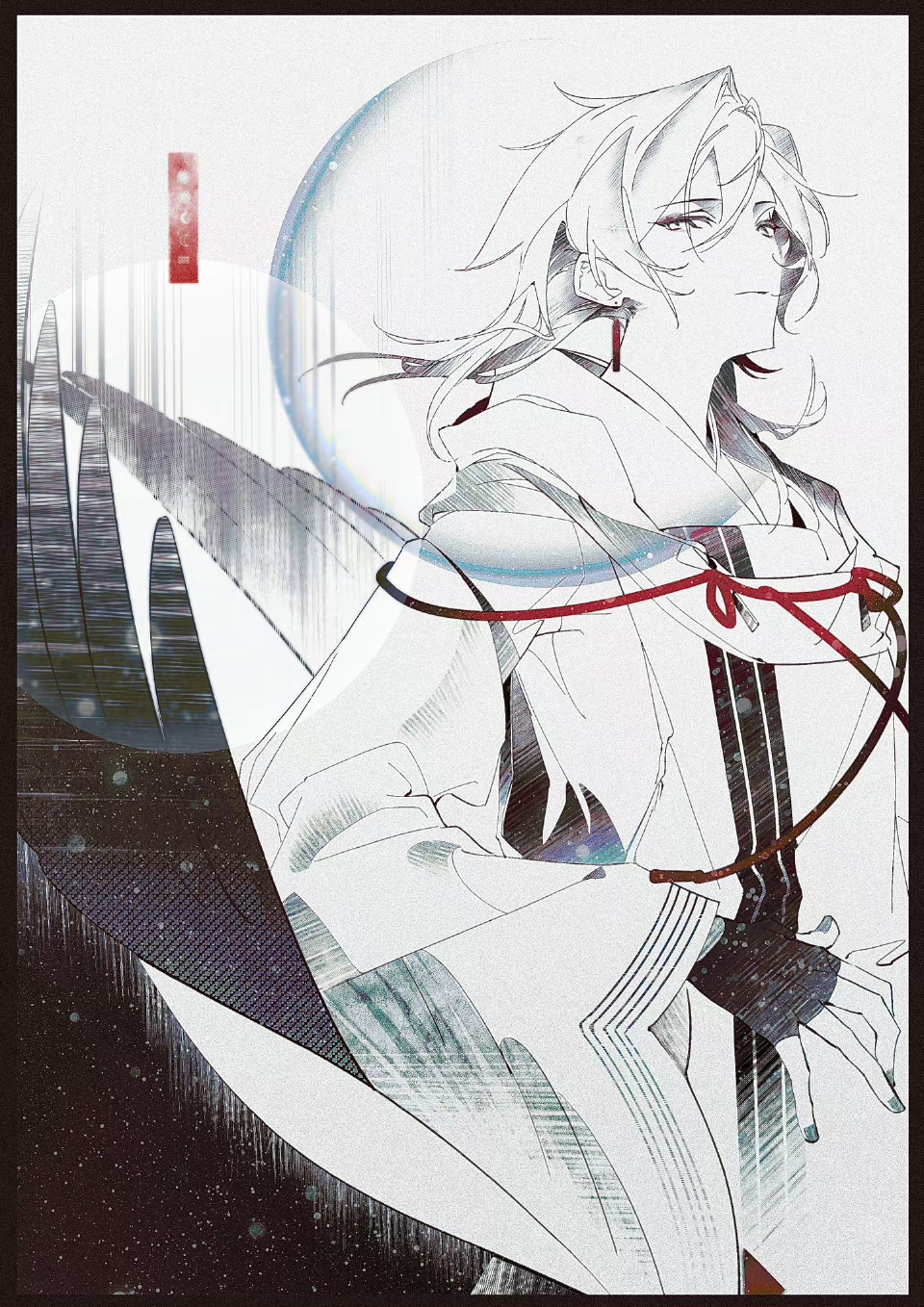 kaito (vocaloid), vocaloid, commentary request, highres, 1boy, alternate hair length, alternate hairstyle, beret cj, black gloves, blue nails, closed mouth, earrings, expressionless, fingerless gloves, gloves, hair between eyes, jewelry, looking at viewer, male focus, monochrome, partially colored, red rope, rope, short hair, solo, wide sleeves, wings