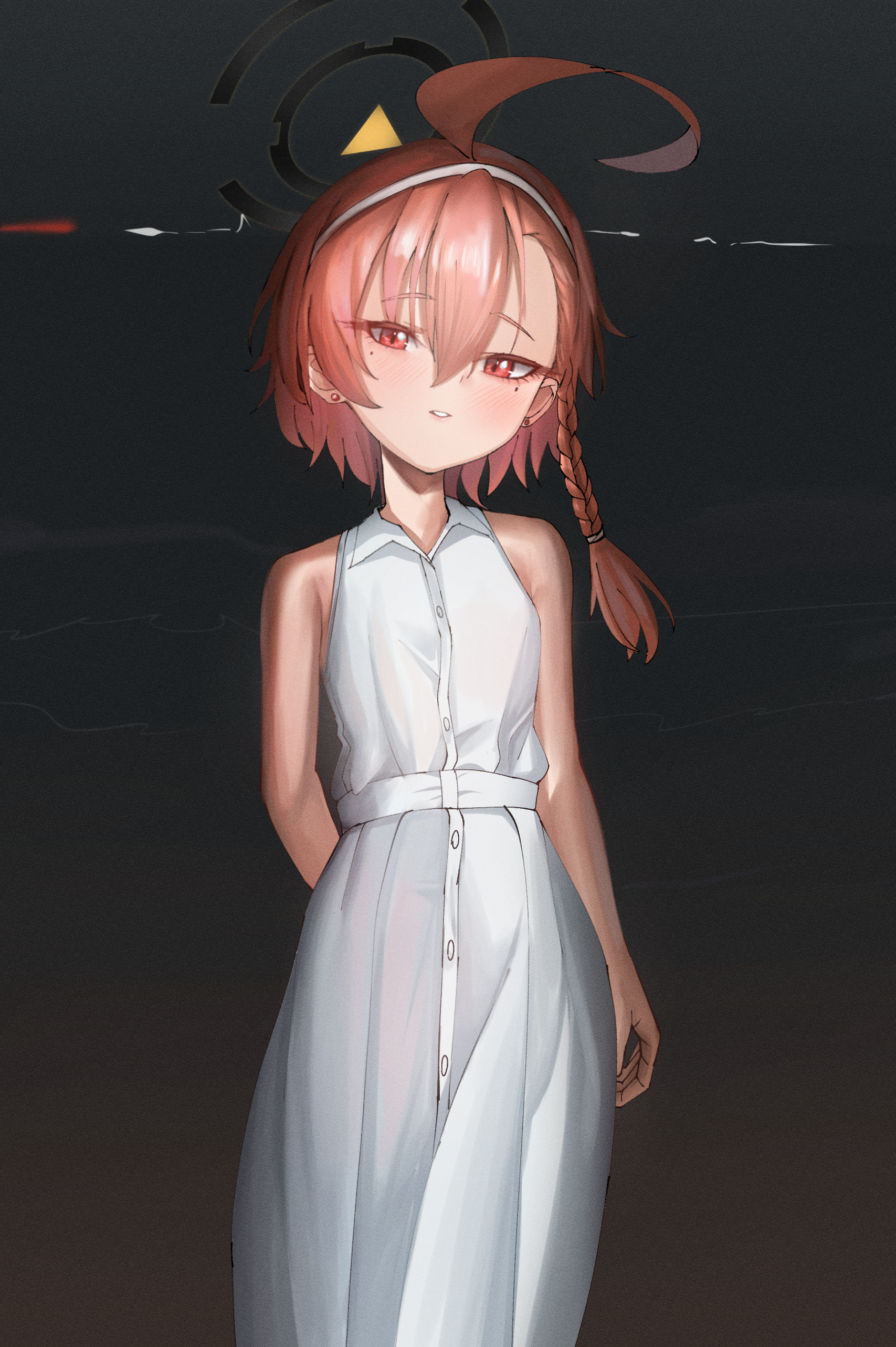 taeman, neru (blue archive), blue archive, absurdres, commentary request, highres, 1girl, ahoge, alternate costume, arm behind back, black halo, blush, braid, dress, hair between eyes, hairband, halo, huge ahoge, looking at viewer, mole, mole under eye, parted lips, red eyes, red hair, short hair, sidelocks, single braid, sleeveless, sleeveless dress, solo, white dress, white hairband