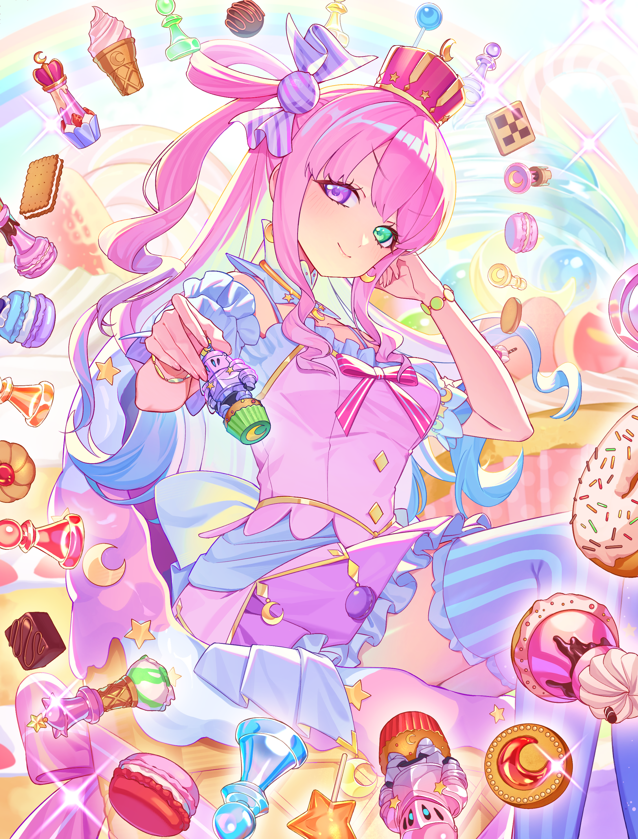 nefula14, himemori luna, himemori luna (1st costume), luknight (himemori luna), hololive, absurdres, commentary request, highres, 1girl, ahoge, asymmetrical legwear, back bow, bow, bracelet, candy hair ornament, chess piece, chocolate, closed mouth, crescent, crescent earrings, crescent necklace, crown, cupcake, detached collar, donut, dress, earrings, food, food-themed hair ornament, frilled dress, frilled thighhighs, frills, gold crown, gradient hair, green eyes, hair ornament, hair rings, heterochromia, holding, jewelry, large bow, light smile, long hair, looking at viewer, macaron, mismatched legwear, multicolored hair, necklace, one side up, pink dress, pink hair, print thighhighs, puffy short sleeves, puffy sleeves, purple eyes, purple hair, purple thighhighs, short dress, short sleeves, single hair ring, sitting, smile, solo, starry sky print, striped clothes, striped thighhighs, thighhighs, vertical-striped clothes, vertical-striped thighhighs, virtual youtuber, wavy hair