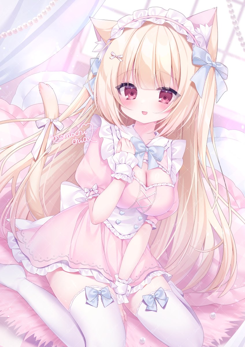 momochi chia, original, commentary request, highres, 1girl, :d, animal ear fluff, animal ears, arm between legs, artist name, blush, bow, breasts, cat ears, cat girl, cleavage, cleavage cutout, clothing cutout, frilled cuffs, hair bow, large breasts, long hair, looking at viewer, maid headdress, on bed, open mouth, puffy sleeves, red eyes, sitting, smile, solo, tail, tail bow, tail ornament, thighhighs, wariza, white thighhighs