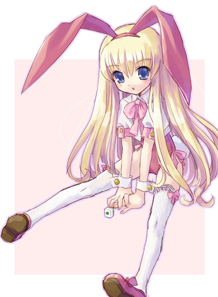 katahira masashi, amae koromo, saki (manga), 00s, 1girl, animal ears, blonde hair, blue eyes, board game, child, fake animal ears, female focus, leotard, long hair, mahjong, playboy bunny, rabbit ears, solo, thighhighs