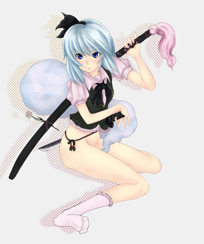konpaku youmu, konpaku youmu (ghost), touhou, silver hair, 1girl, blue eyes, bottomless, female focus, hitodama, katana, no panties, sheath, sheathed, solo, sword, weapon