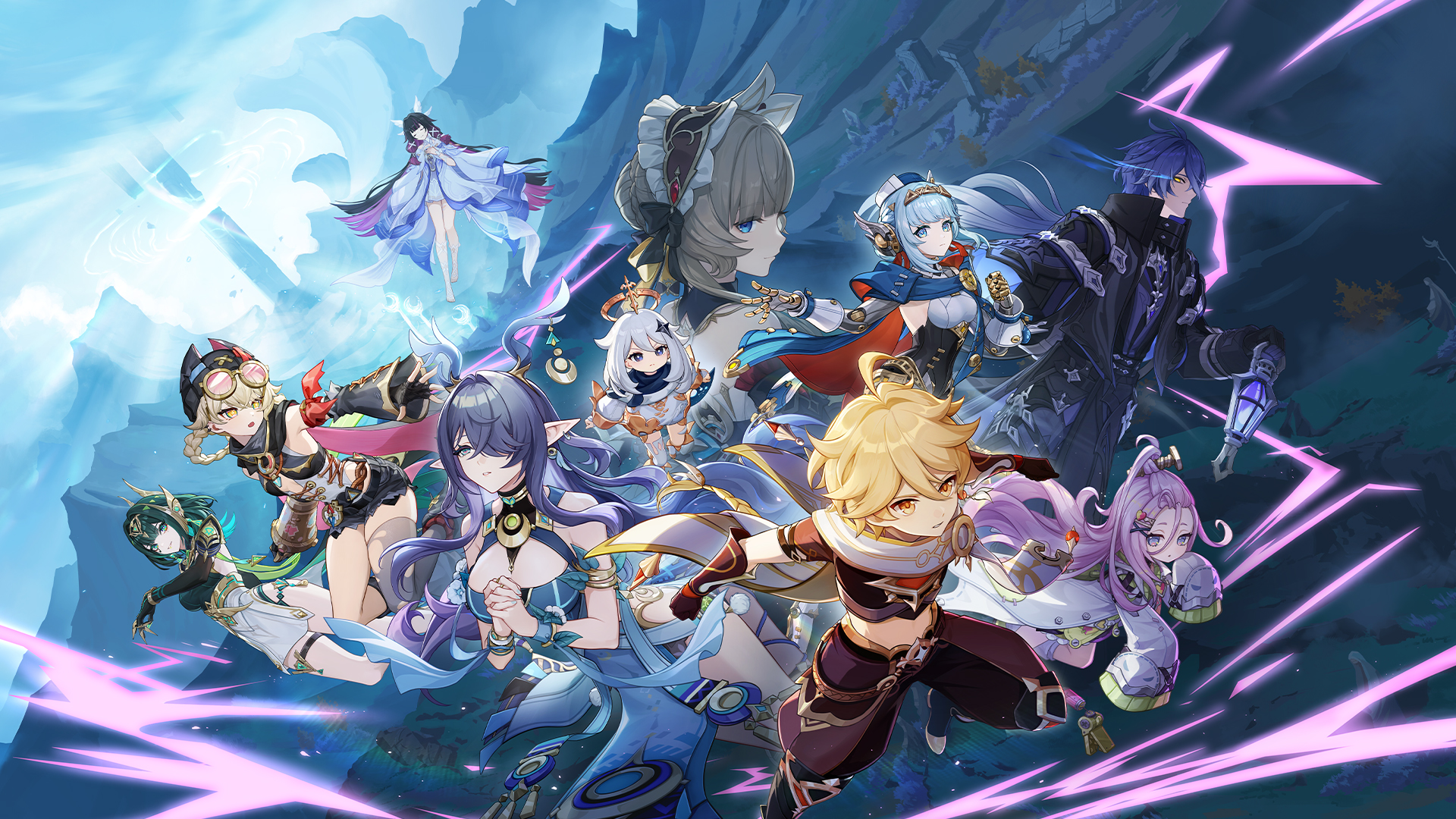 aether (genshin impact), aino (genshin impact), columbina (genshin impact), flins (genshin impact), ineffa (genshin impact), jahoda (genshin impact), lauma (genshin impact), nefer (genshin impact), paimon (genshin impact), sandrone (genshin impact), genshin impact, commentary request, highres, official art, textless version, 2boys, 6+girls, android, barefoot, black hair, blue eyes, blue hair, breasts, closed eyes, closed mouth, coat, eye mask, floating, hair between eyes, head wings, joints, long hair, mechanical arms, multicolored hair, multiple boys, multiple girls, pink hair, robot ears, robot joints, sidelocks, smile, streaked hair, two-tone hair, wings, yellow eyes