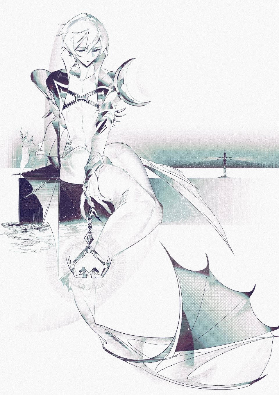 kaito (vocaloid), vocaloid, highres, 1boy, arm fins, beret cj, claws, closed mouth, greyscale, hair between eyes, half-closed eyes, high collar, lighthouse, male focus, merman, monochrome, monster boy, open clothes, short hair, sitting, solo, topless male