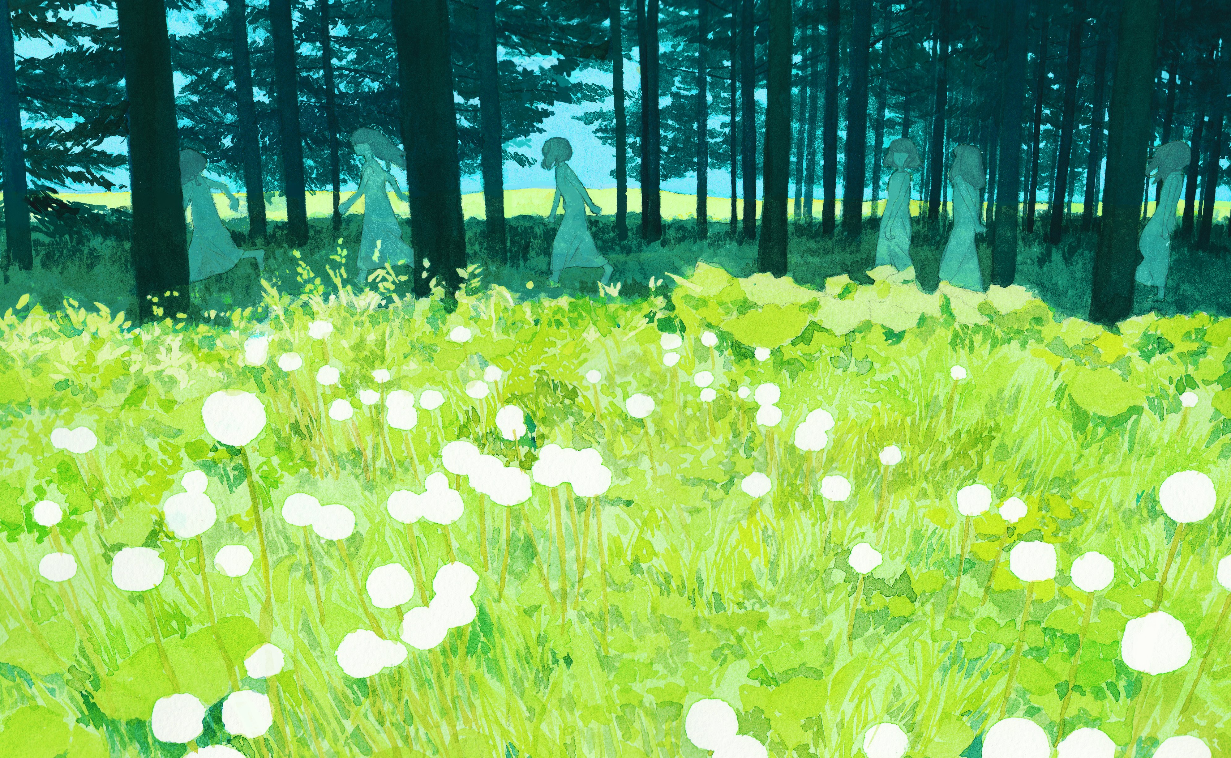 narihayao, original, absurdres, highres, 6+girls, dandelion, dress, faceless, faceless female, flower, forest, grass, landscape, long hair, meadow, medium hair, multiple girls, nature, outdoors, running, scenery, tree, white dress, wide shot