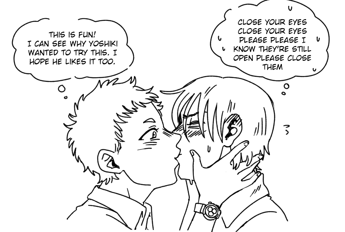 almond (watery day), indou hikaru, tsujinaka yoshiki, hikaru ga shinda natsu, 2boys, blush, closed eyes, collared shirt, kiss, male focus, multiple boys, shirt, short hair, speech bubble, thought bubble, watch, wristwatch, yaoi