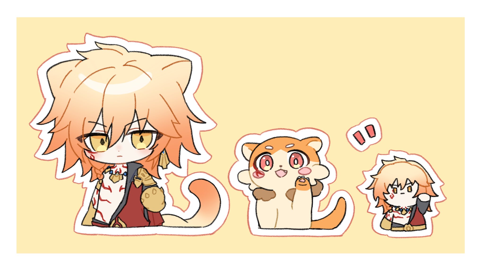 mydei (honkai: star rail), honkai: star rail, honkai (series), commentary request, highres, korean commentary, 1boy, animal ears, arm tattoo, armlet, armor, black coat, blonde hair, braid, cat boy, cat ears, cat tail, character doll, chest tattoo, chimera (honkai: star rail), clawed gauntlets, coat, doll, earrings, facial tattoo, gold earrings, gold necklace, gradient hair, hair between eyes, jewelry, male focus, medium hair, multicolored hair, mydei (fig stew) (honkai: star rail), necklace, open clothes, open coat, pauldrons, red hair, red tattoo, shoulder armor, side braid, single pauldron, solo, tail, tattoo, yellow eyes, you 1ehsr