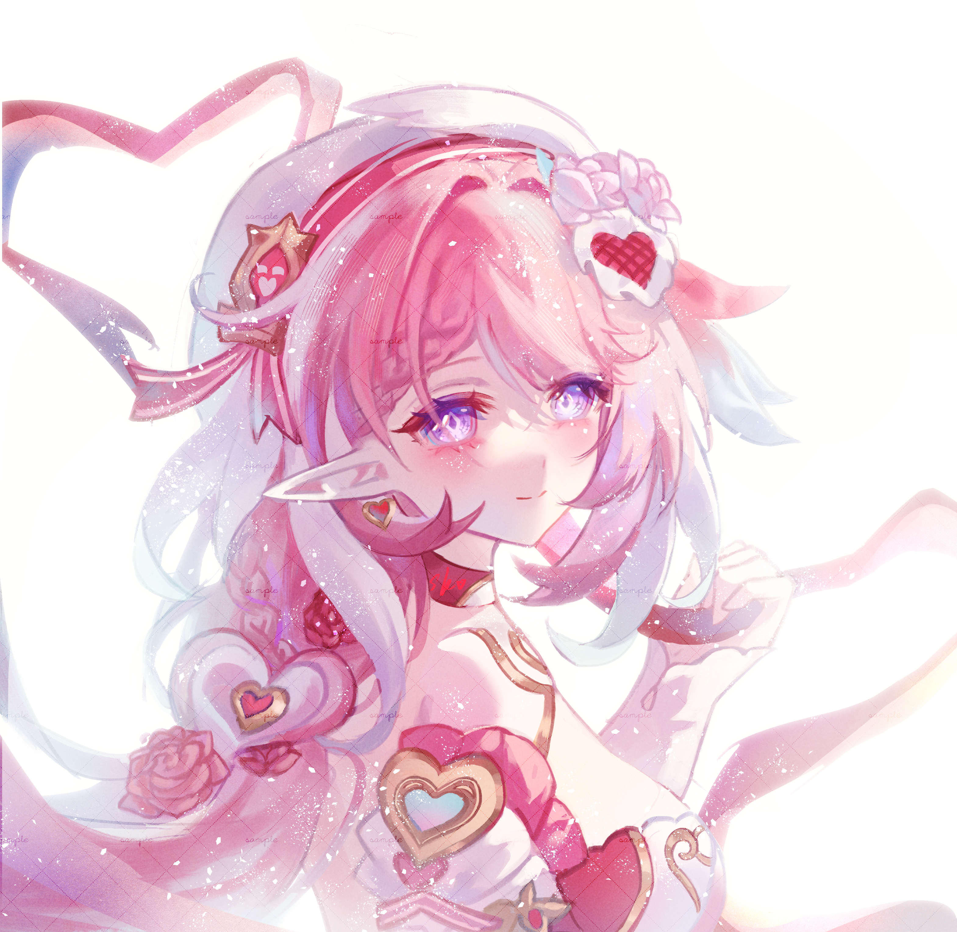 sakuradani, elysia (honkai impact), honkai (series), honkai impact 3rd, absurdres, commentary request, highres, 1girl, breasts, closed mouth, diamond-shaped pupils, diamond (shape), earrings, elf, elysia (hi elf of love) (honkai impact), from side, hair ornament, hand up, hat, heart, heart earrings, heart hair ornament, jewelry, light blush, long hair, looking at viewer, looking to the side, medium breasts, multicolored hair, pink hair, pointy ears, purple eyes, simple background, smile, solo, streaked hair, symbol-shaped pupils, upper body, white background, white hat