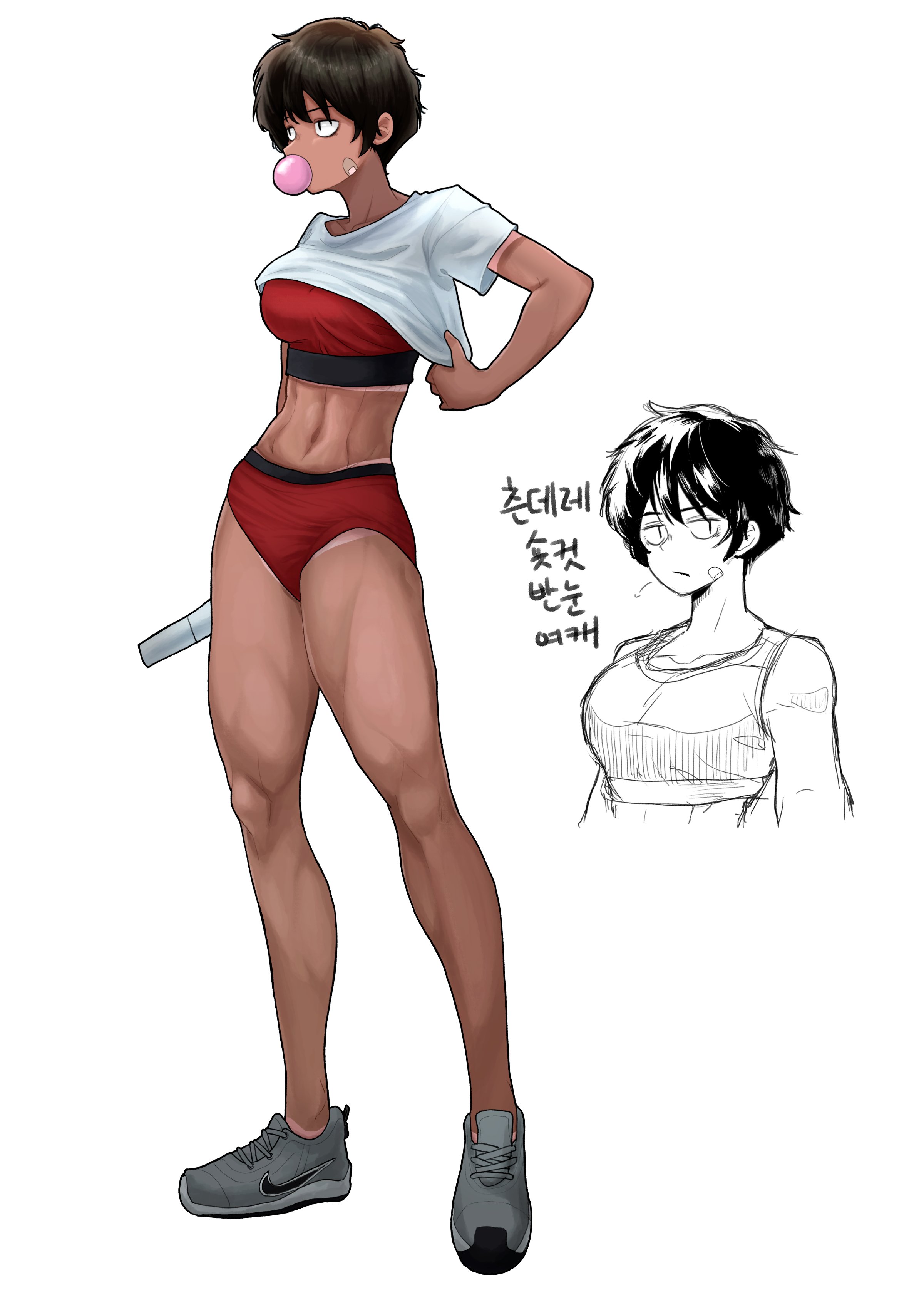 nike (company), original, absurdres, highres, 1girl, adjusting clothes, bandaid, bandaid on cheek, bandaid on face, black hair, blowing bubble gum, buruma, chewing gum, dark-skinned female, dark skin, full body, grey shoes, holding, korean text, legs, midriff, navel, red buruma, red sports bra, sanpaku, shirt, shoes, short hair, simple background, sneakers, solo, sports bra, standing, t-shirt, tan, tanline, tomboy, toned, toned female, white background, white shirt, younic17