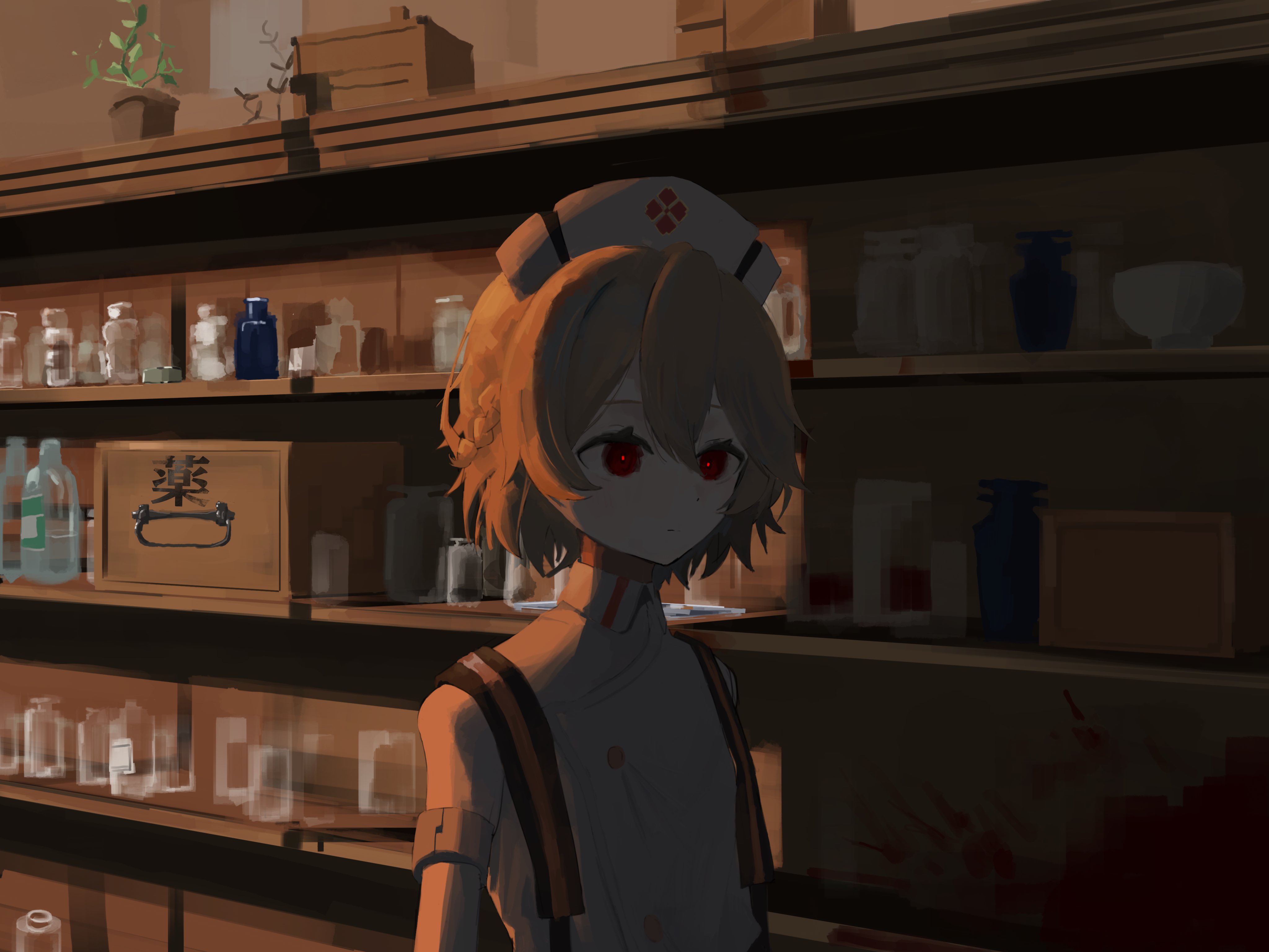 ijou (actorstrangeluv), nurse robot type t, utau, vocaloid, absurdres, highres, 1girl, blood, braid, brown hair, buttons, double-breasted, expressionless, glass bottle, half up braid, hat, indoors, nurse, nurse cap, plant, potted plant, red eyes, red pupils, shelf, short hair, sidelighting, solo, upper body