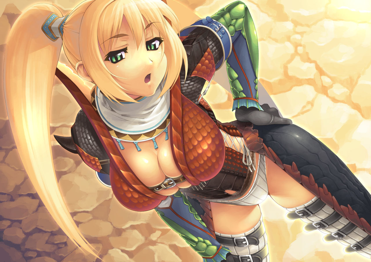 yn red, capcom, monster hunter (series), 1girl, armor, blonde hair, breasts, cleavage, corset, dutch angle, female focus, gloves, green eyes, gypceros (armor), hand on own hip, hip focus, huge breasts, large breasts, long hair, open mouth, panties, ponytail, rathalos (armor), skindentation, solo, strap, thigh strap, thighhighs, twintails, underwear