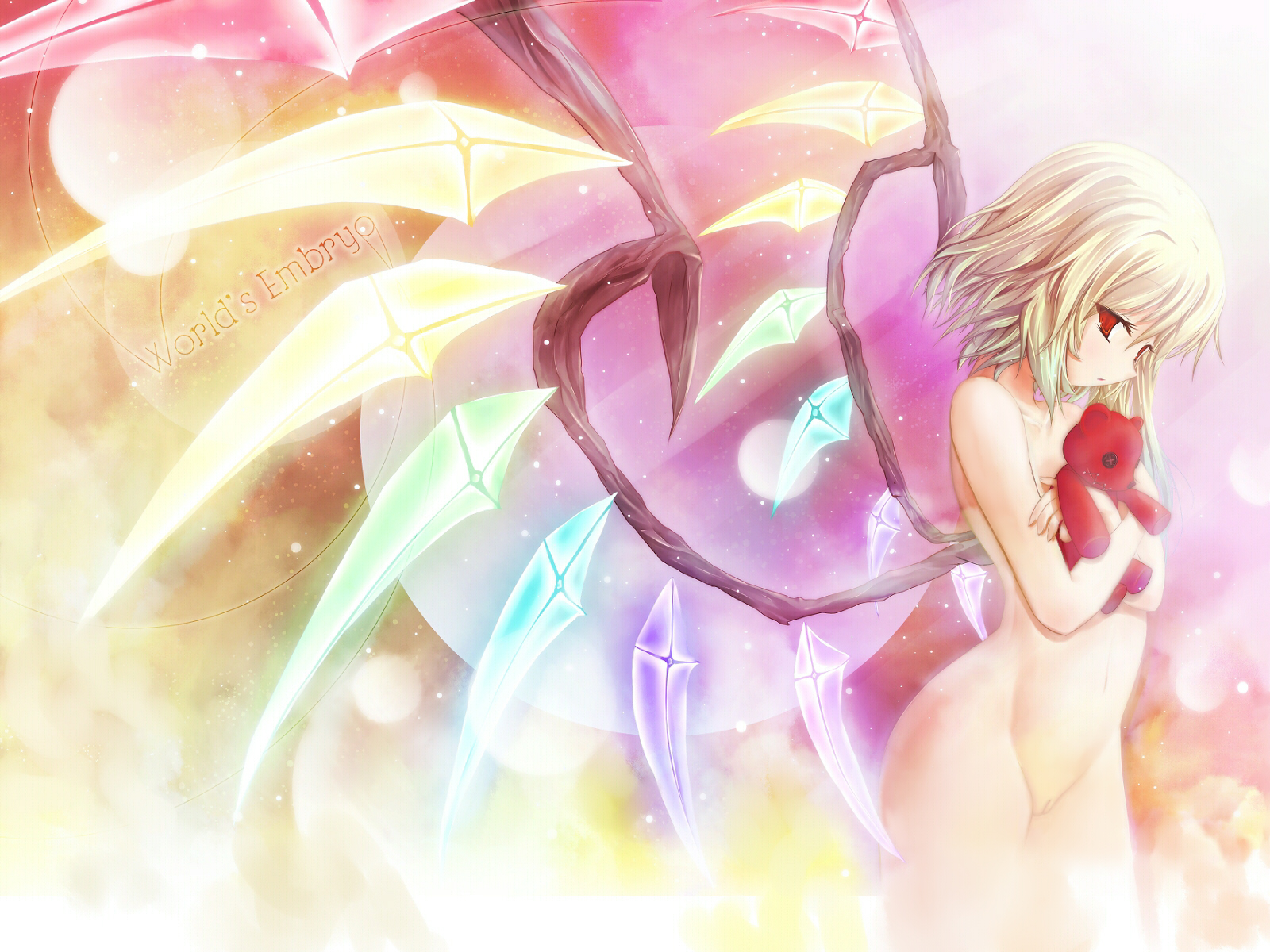 scarlet (studioscr), flandre scarlet, touhou, world embryo, duplicate, highres, 1girl, blonde hair, completely nude, english text, female focus, flat chest, from side, gradient background, loli, nude, pussy, red eyes, solo, stuffed animal, stuffed toy, teddy bear, wings
