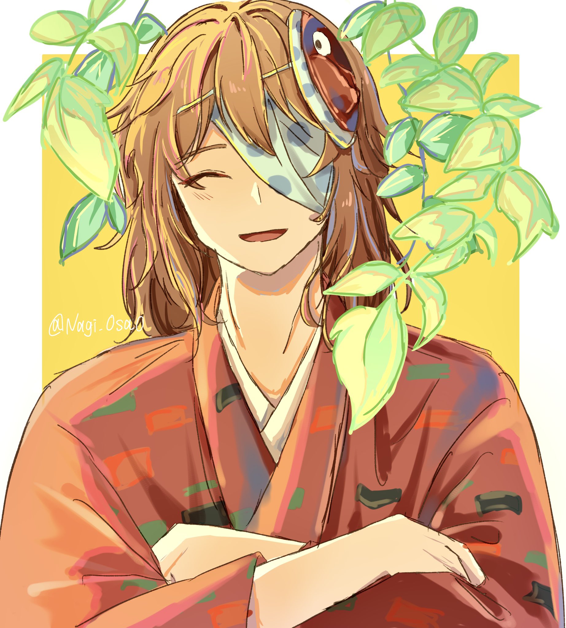 nagi 0sa0, ametsukana yago, len'en, highres, 1other, ^ ^, androgynous, bandage over one eye, border, brown hair, closed eyes, crossed arms, happy, japanese clothes, kimono, leaf, long sleeves, mask, mask on head, medium hair, noh mask, open mouth, other focus, outside border, plant, red kimono, red mask, smile, solo, twitter username, upper body, vines, white border, yellow background
