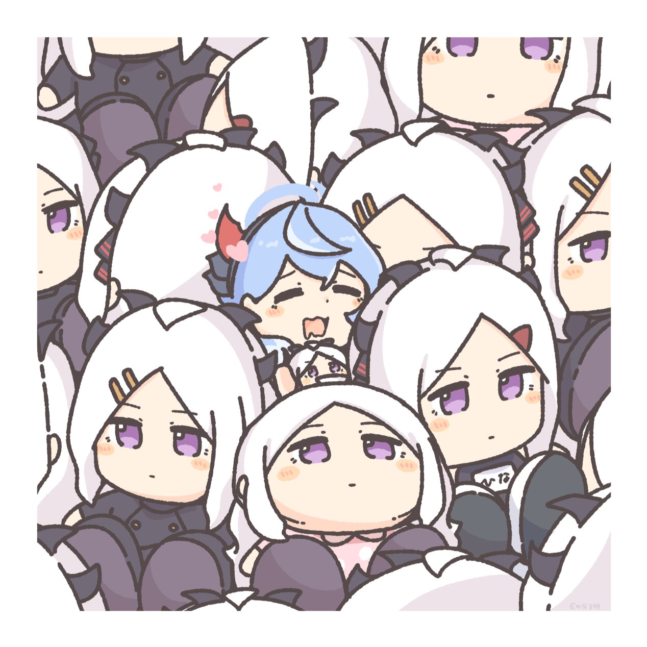 enobun3gyo, ako (blue archive), hina (blue archive), blue archive, highres, 1girl, ahoge, black horns, blue hair, blue halo, blush stickers, character doll, closed eyes, closed mouth, doll, halo, horns, open mouth, purple eyes, smile, surrounded, white hair