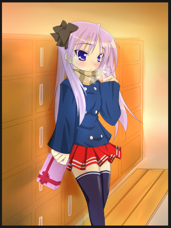 hiiragi kagami, lucky star, 00s, 1girl, blush, coat, female focus, gift, holding, holding gift, locker, long hair, purple hair, scarf, solo, thighhighs, twintails, zettai ryouiki