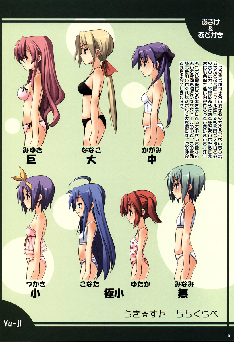 yuuji overall, hiiragi kagami, hiiragi tsukasa, iwasaki minami, izumi konata, kobayakawa yutaka, kuroi nanako, takara miyuki, lucky star, highres, non-web source, translated, 00s, 6+girls, bra, breasts, bust chart, camisole, chart, glasses, lingerie, mole, mole under eye, multiple girls, panties, profile, siblings, sideboob, sisters, standing, twins, underwear, underwear only