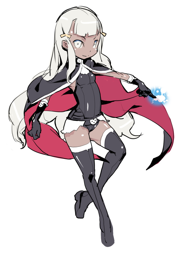 najimi shin, storm (x-men), marvel, x-men, uniform, 1girl, animification, boots, cape, dark-skinned female, dark skin, female focus, flat chest, gloves, solo, thigh boots, thighhighs, white eyes, white hair