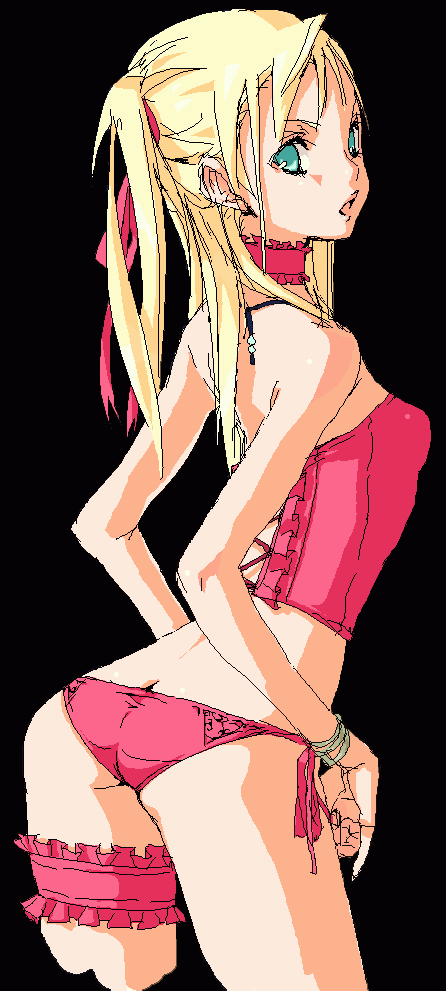 colorge, original, long image, tall image, blonde hair, butt crack, choker, corset, frilled thigh strap, lingerie, oekaki, panties, side-tie panties, solo, thigh strap, underwear