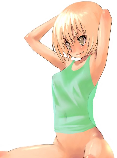 colorge, bad id, bad pixiv id, armpits, arms up, blonde hair, bottomless, breasts, camisole, fang, oekaki, see-through clothes, shirt, sitting, smile, solo