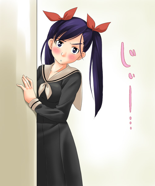 toshifumi, ogasawara sachiko, maria-sama ga miteru, 00s, blush, peeking out, solo, twintails