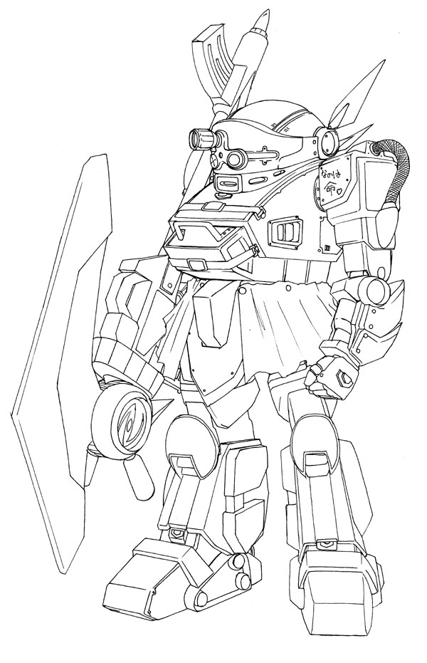 fate testarossa, scopedog, lyrical nanoha, mahou shoujo lyrical nanoha, mahou shoujo lyrical nanoha strikers, soukou kihei votoms, non-web source, 00s, armor, greyscale, helmet, machinery, mecha, monochrome, no humans, robot, weapon