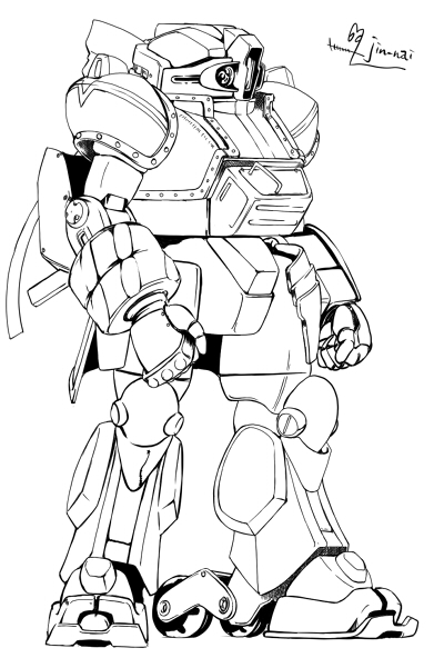 revolver knuckle, strikedog, subaru nakajima, lyrical nanoha, mahou shoujo lyrical nanoha, mahou shoujo lyrical nanoha strikers, soukou kihei votoms, non-web source, 00s, alternate weapon, greyscale, mecha, monochrome, no humans, robot, simple background, solo, weapon