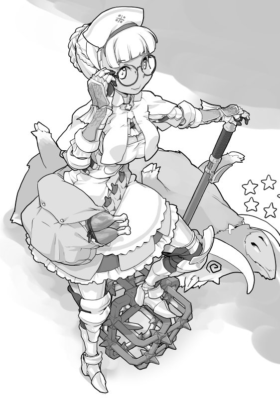 najimi shin, bullfango, capcom, monster hunter (series), looking away, 1girl, @ @, adjusting eyewear, apron, armor, armored dress, bag, blunt bangs, boar, boots, braid, breasts, capelet, cleavage, cleavage cutout, clothing cutout, death, dress, fangs, female focus, food, frills, from above, glasses, gloves, greyscale, hair bun, hammer, hat, healer (armor), large breasts, leg up, lying, monochrome, monster, nurse, on back, saliva, satchel, short dress, short hair, side braid, single hair bun, smile, solo, spikes, standing, star (symbol), strap, thigh boots, thighhighs, weapon, zettai ryouiki